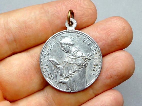 Saint Dominic. Saint Virgin Mary, Catherine of Siena. Antique Religious Pendant. Large Medal.