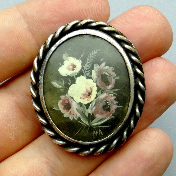 Bouquet of flowers. Hand painting. Antique Large Brooch.