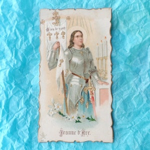Santa Giovanna d'Arco, in armatura. Santino religioso antico.