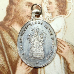 Our lady of Delivrande, Sanctuary. Little Charm. French Antique Religious Pendant. Silver Medal.
