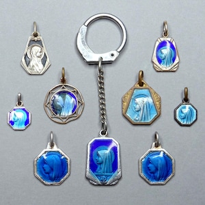 Set of religious medals for resale and DIY. Saint Virgin Mary and Christ. Antique Religious Enamel Pendant. 9 items.