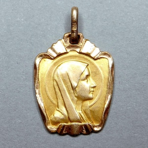 Holy Virgin Mary. Antique Religious Pendant. Gold Plating Medal.