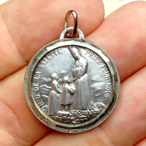 Our Lady of Salette. Saint Virgin Mary. Antique Religious Pendant. French Large Medal.
