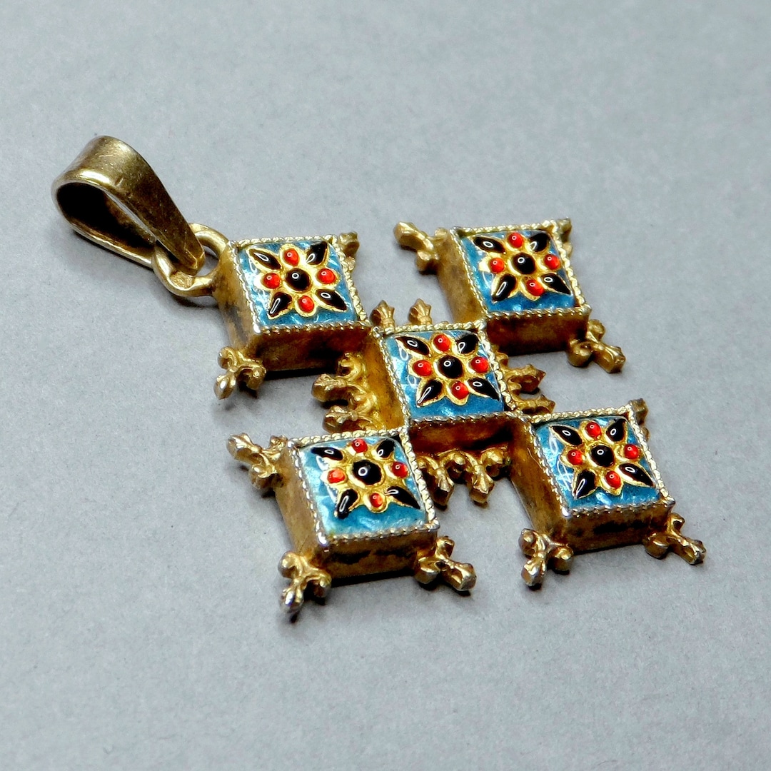 Pendentif Croix Ancien En Vermeil Et émaux Bressans Du XIXe Siècle - Bijou Vintage Religieux