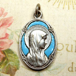 Holy Virgin Mary. Antique Religious Large Pendant. Enamel Medal.