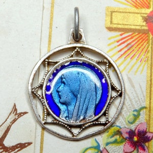 Saint Virgin Mary, Lourdes. Antique Religious Enamel Pendant. French Medal.