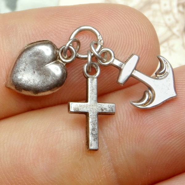 Theological Virtues. Cross. Anchor. Sacred Heart. Antique Religious Silver Pendant.