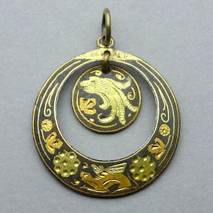 Dragon, Bird, Vintage Damascening Large Pendant.