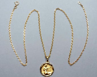 Sagittarius, Zodiac. Vintage Pendant and Necklace. Gold Plating Medal.