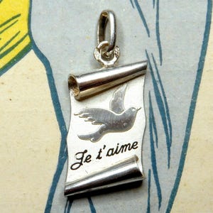 Ich liebe dich und Dove. Vintage Silberanhänger. Französische Medaille.