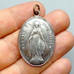 Saint Virgin Mary, Miraculous. French Antique Religious Pendant. Large Medal by Penin.