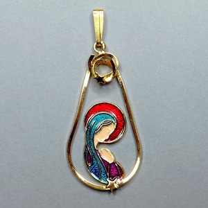 St Mary Praying. Vintage Religious Enamel Pendant. Large Medal.