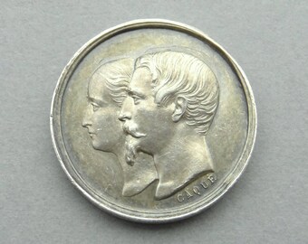 Napoleon III, Eugénie de Montijo, Louis Napoléon Bonaparte. Antique Silver Medal.