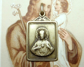 Sacred Heart, Scapular. Worn out by prayers. Antique Religious Pendant. Large Medal.