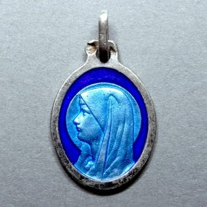 Saint Virgin Mary, Lourdes. French Antique Religious Enamel Pendant. Silver Medal.
