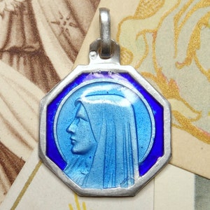St Mary, Antique Religious Silver Pendant. Enamel Medal.