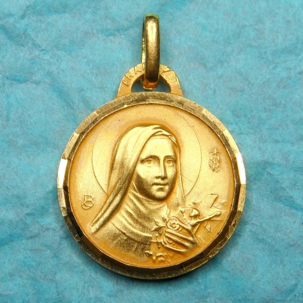 St Theresa and Basilica. Antique Religious Pendant. Gold plating. Medal by Balme