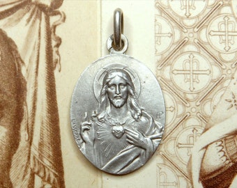 Sacred Heart, Scapular. Antique Religious Silver Pendant. Large Medal.