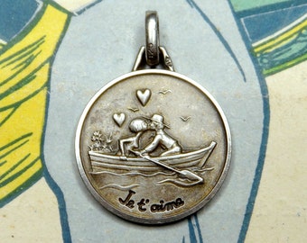 Lovers in a boat. Vintage Sterling Pendant.