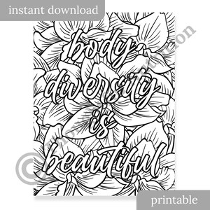 Puede incluir: P&aacute;gina para colorear imprimible en blanco y negro con un dise&ntilde;o floral y el texto "body diversity is beautiful".