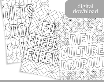 Conjunto de 5 páginas para colorear contra la cultura de la dieta: descarga digital instantánea: motivadora y divertida