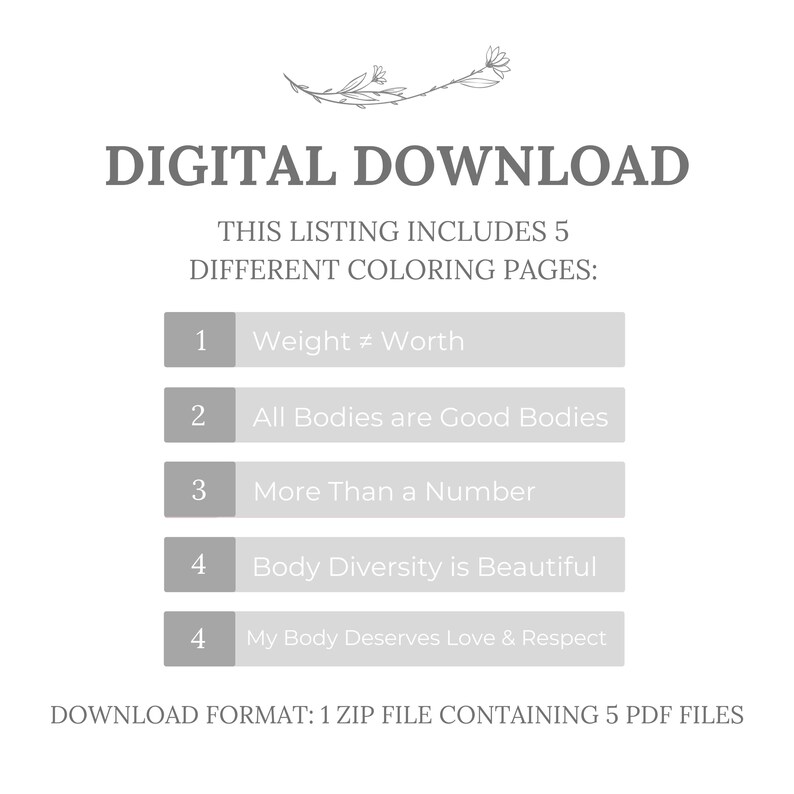 Puede incluir: Descarga digital de 5 p&aacute;ginas para colorear con mensajes positivos sobre la imagen corporal. Las p&aacute;ginas incluyen: El peso no es igual al valor, Todos los cuerpos son buenos cuerpos, M&aacute;s que un n&uacute;mero, La diversidad corporal es hermosa, y Mi cuerpo merece amor y respeto. Formato de descarga: 1 archivo zip que contiene 5 archivos PDF.