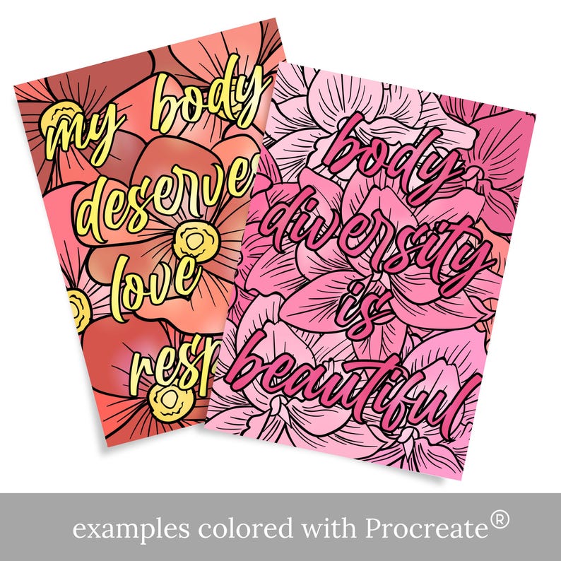 Puede incluir: Dos p&aacute;ginas para colorear imprimibles con fondos florales y mensajes positivos sobre la imagen corporal. La primera p&aacute;gina dice "mi cuerpo merece amor y respeto". La segunda p&aacute;gina dice "la diversidad corporal es hermosa".