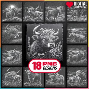 Paquete de archivos láser de vaca de las tierras altas en formato PNG para grabado, descarga digital para Glowforge, Lightburn, Xtool para posavasos de pizarra de animales, uso comercial