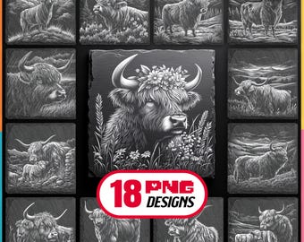 Highland Cow Laser File Png Bundle for Engraving Digital Download for Glowforge, Lightburn, Xtool for Animal Slate Coaster, Commercial Use