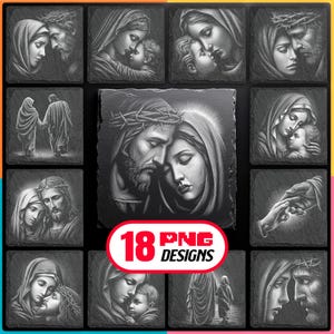Jesus und Maria Mutter Laser Gravur PNG Bündel - christliche Religion Schieferuntersetzer Designs für Glowforge & LightBurn, auch kommerzielle Nutzung