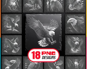 Archivos de grabado láser de águila calva para descarga digital - Paquete de posavasos de pizarra patrióticos de EE. UU. (PNG) / Glowforge, LightBurn / Uso comercial también