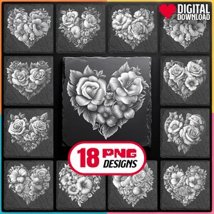 Valentine Laser Files PNG Bundle for Engraving Digital Download for Glowforge Laser Burn and create Hearts Slate Coaster, Commercial Use