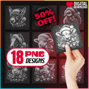 Boerderij kerstgravure PNG-bundel digitale download voor Glowforge Laser Burn voor Highland Cow Laser Slate Coaster, commercieel gebruik