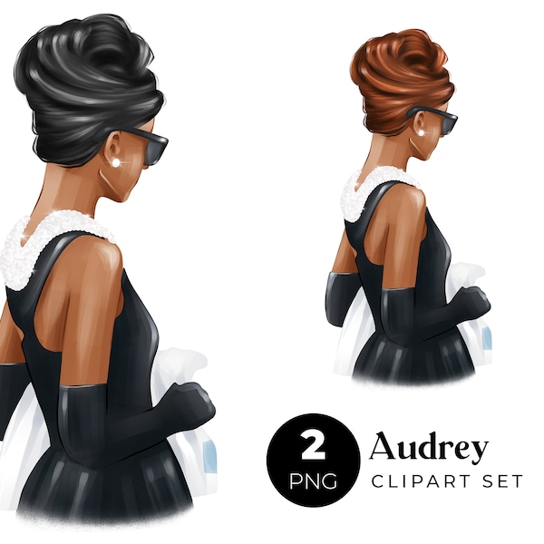 Audrey Hepburn Png with Black Girl Magic, Breakfast at Tiffany's Party Gift with Black Girl Customizable Clipart, Afro Girl Glam Clipart