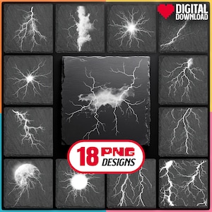 May include: A set of 18 digital lightning and cloud PNG designs. The designs are on a black slate background. The designs are perfect for adding a dramatic touch to your projects.