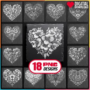 Valentine Laser Files PNG Bundle for Engraving Digital Download for Glowforge Laser Burn and create Hearts Slate Coaster, Commercial Use