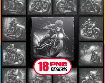 Skelett Biker Lasergravur Dateien Bundle - Motorrad Schiefer Untersetzer PNG Designs zum digitalen Download | Kommerzielle Nutzung Auch