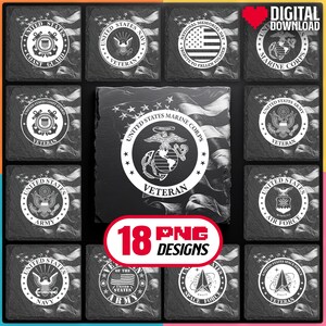 Amerikaanse militaire logo's lasergravure PNG-bundel digitale download voor patriottische leisteen Coaster, Glowforge, LightBurn, XTool, commercieel