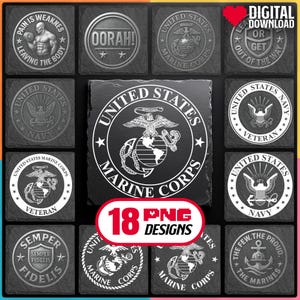 Marine Corps and Navy Laser Engraving PNG Bundle Digital Download for Military Slate Coaster, Glowforge, LightBurn, XTool, Commercial