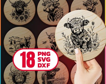 Highland Cow Laser Cut Files Bundle with SVG, DXF and PNG for Engraving on Wood Cutting and Cheese Boards Digital Download, Commercial Use