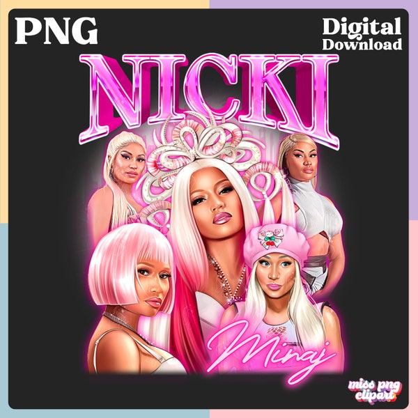 Nicki Minaj classique des années 90 Bootleg Png pour chemise noire rétro, cadeaux Pink Friday 2 fans de Gag City pour la tournée 2024, téléchargement numérique, usage commercial