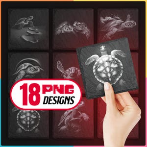 Slate Coaster Engraving Png Bundle with Sea Turtle for  Digital Download for Glowforge, LightBurn, XTool, Commercial Use Too