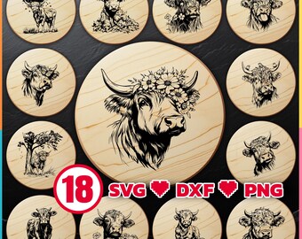 Highland Cow Laser Cut Files Bundle with SVG, DXF and PNG for Engraving on Wood Cutting and Cheese Boards Digital Download, Commercial Use