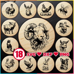 Paquete de archivos láser para tablas de cortar con animales de granja, SVG, DXF, PNG para grabar en tablas de queso de madera, descarga digital, comercial