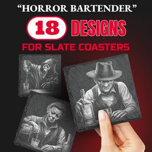 Può includere: Sottobicchieri in ardesia con disegni di personaggi di film horror. I sottobicchieri presentano immagini di personaggi iconici che versano bevande, con il testo "HORROR BARTENDER" e "18 DESIGNS FOR SLATE COASTERS" in rosso e bianco.