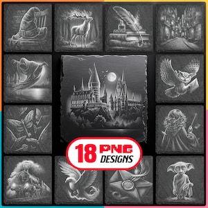 Può includere: Una collezione di 12 sottobicchieri in ardesia in bianco e nero con vari disegni. I disegni includono un cappello da mago, un cervo, una penna e libri, una scena di strada, una figura incappucciata, un castello, un gufo, farfalle, una strega, un treno, un'aquila, una busta e un goblin. L'immagine include anche una grafica rossa e bianca che dice "18 PNG DESIGNS".
