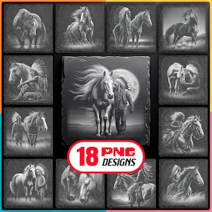 Puede incluir: Una colección de 18 diseños PNG con caballos e imágenes nativas americanas. Los diseños están en escala de grises e incluyen imágenes de caballos, nativos americanos y una luna llena. Los diseños se muestran en posavasos cuadrados.