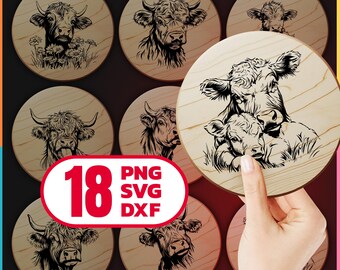 Highland Cow Laser Cut Files Bundle with SVG, DXF and PNG for Engraving on Wood Cutting and Cheese Boards Digital Download, Commercial Use