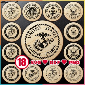 CNC laser files bundle with Marine Coprs USMC logos for engraving on wooden board for digital download, svg, dxf, png, Commercial use too