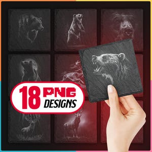 Slate Coaster Engrave Png Bundle with Bear and Deer Laser Files Digital Download, For Glowforge, LightBurn, XTool, Commercial